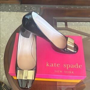 Kate Spade Patent Leather Black heels with Gold Bow Accent